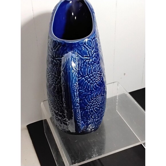 Beaver Farm Pottery Floral Cobalt Blue Water Pitcher  Ice Tea - Picture 2 of 7